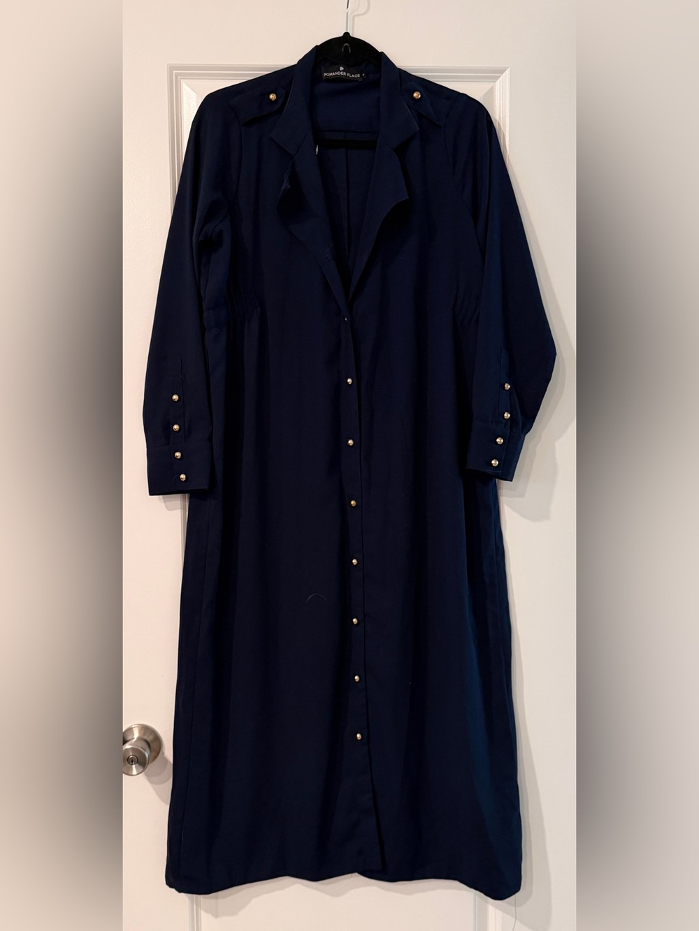Pomander Place Navy Button-Front Dress with Gold Accents
